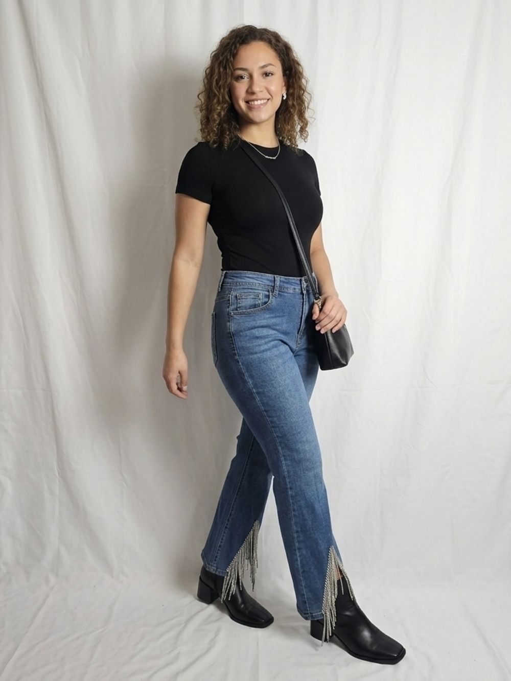 Vocal Rhinestone Fringe Hem Bootcut Jeans - Medium Wash - Size 34 (approx.)